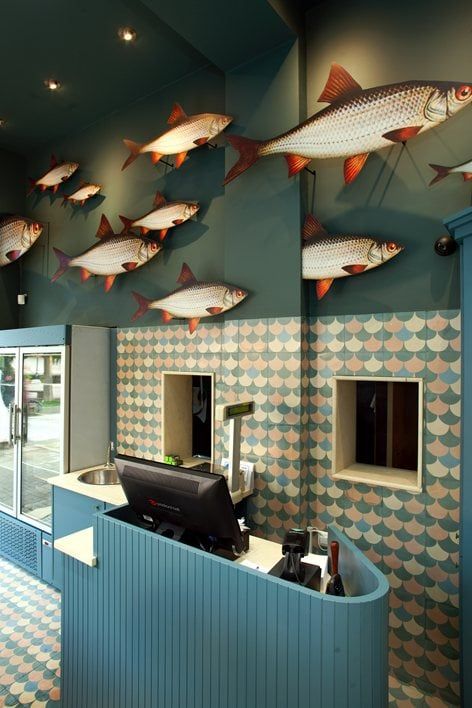 "psaras"-fish store | T&T Architects Seafood Decor, Seafood Store, Aquarium Shop, Seafood Shop, Seafood House, Grocery Store Design, Fish And Chip Shop, Supermarket Design, Thessaloniki Greece