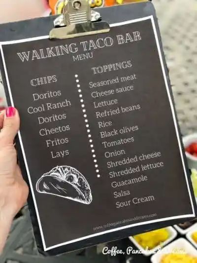 Taco Bar Recipes Parties Food, Taco Bar Menu Sign, Walking Taco Station, Walking Taco Bar Wedding, Walking Taco Sign, Walking Taco Party Ideas, Walking Taco Ideas, Different Food Bars Party Ideas, Walking Nacho Bar