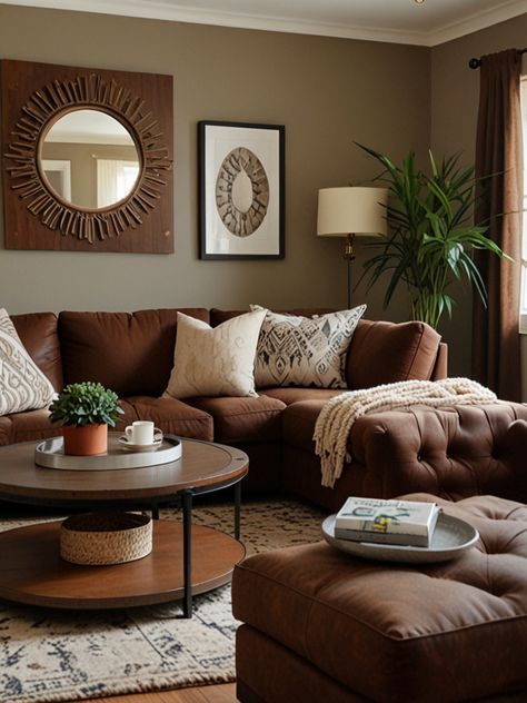 Oak Floor Living Room Ideas, Brown White And Gold Living Room, Grey And Brown Home Decor, Living Room With Chocolate Brown Couch, Home Decor Ideas Brown Couch, Brown Sofa Aesthetic, Living Room With Brown Walls, Brown Couch Decor Ideas, Brown Themed Living Room