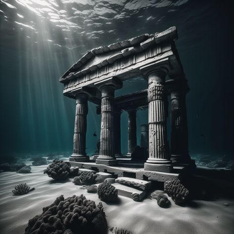 Poseidon Statue, Greek Ruins, Underwater Ruins, Lost City Of Atlantis, Greek Sea, Fish Tank Design, Greek Columns, Temple Ruins, Greek Mythology Tattoos