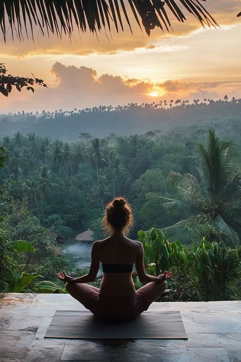 "🧘‍♀️🌴 Escape to a yoga retreat in Bali! Find peace, relaxation, and rejuvenation in a tropical paradise. 🌺🌿 #YogaRetreat #BaliWellness #TropicalEscape" Luxury Yoga Retreat, Inner Peace Meditation, Bali Meditation Retreat, Yoga In Jungle, India Yoga Retreat, Bali Wellness Retreat, Bali Healing Retreat, Yoga Vision Board Pictures, Tropical Travel Aesthetic