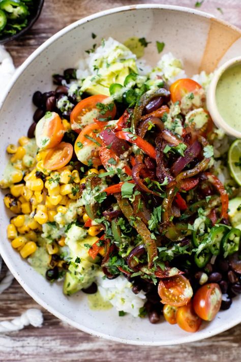 Fajita Veggie Burrito Bowls - This Savory Vegan Fajita Veggies, Baked Food, Veggie Burrito, Rice Beans, Cilantro Sauce, Healthy Yogurt, Burrito Bowls, Buddha Bowls, Healthy Bowls