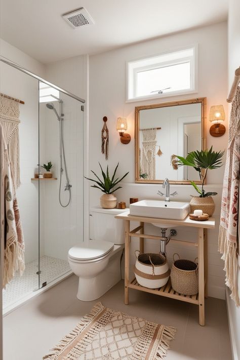 Boho Modern Bathroom Decor, Boho Chic Spa Decor, Bathroom Inspo Aesthetic Bohemian, Cozy Airbnb Decor, Boho Living Room White Walls, Mediterranean Studio Apartment, Small Bathroom Boho Ideas, Bathroom Boho Chic, Tulum Bathroom Decor