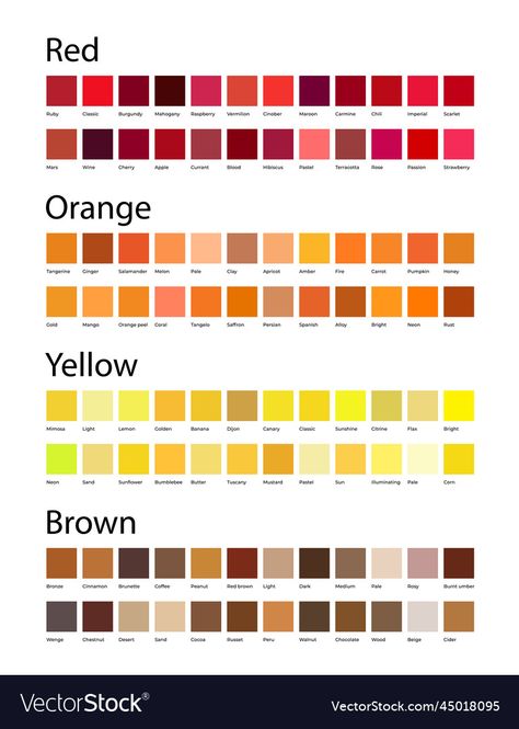 Brown Colors Shades, Orange Color Shades, Shades Of Yellow Color, Color Knowledge, Yellow Palette, Color Mixing Chart, Orange Color Palettes, Color Palette Yellow, Red Colour Palette