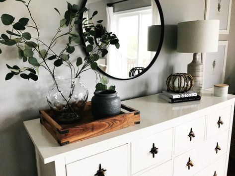 HOW TO STYLE A BUFFET TABLE (OR DRESSER) – Dream. Build. Blog. Styling A Buffet In Living Room, Styling A Dining Room Buffet, Style A Buffet Table, How To Style A Buffet Table, Style A Buffet, How To Style A Buffet, Mirror Greenery, Dining Room Buffet Styling, How To Style A Sideboard