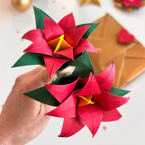 DIY Poinsettia Origami Flower Paper Poinsettia Flower Diy, Origami Poinsettia, Origami Flower Tutorial, Paper Poinsettia, Origami Flowers Tutorial, Flower Origami, Purple Angel, Christmas Origami, Paper Stuff