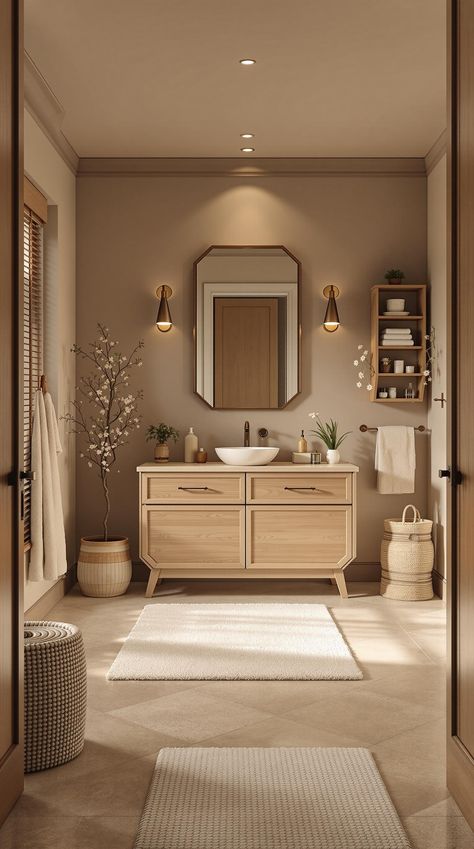 Neutral Bathroom Decor Ideas Bathroom Colors Neutral, Organic Modern Bathroom Paint Colors, Large Beige Tile Bathroom, Tan Bathroom Paint Colors, Beige Neutral Bathroom, Cream And Wood Bathroom Ideas, Almond Tile Bathroom Ideas, Tan Floor Bathroom, Beige Walls Bathroom