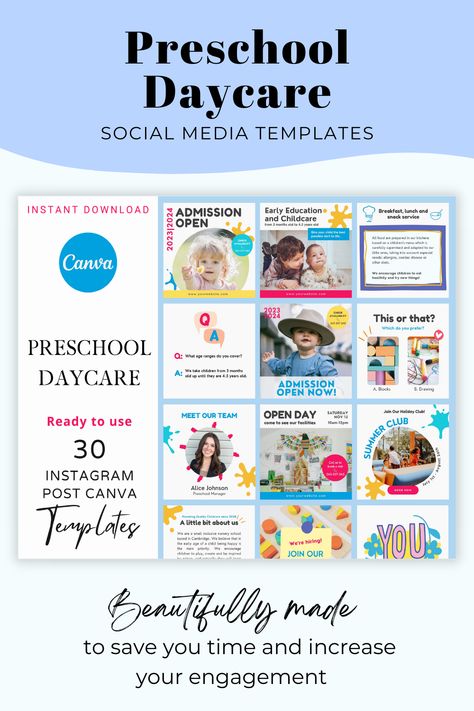 Preschool Daycare Instagram Post Canva templates with Real Text for are ready to use to save you time! These education social media templates are perfect to promote preschool daycare, early education childcare, nursery, holiday club, teacher, school and education business. You’ll save time and effort in designing the instagram posts from scratch. School Marketing, Holiday Club, Instagram Canva, Social Media Templates, Early Education, Kids Education, Social Media Content, Social Media Template, Childcare