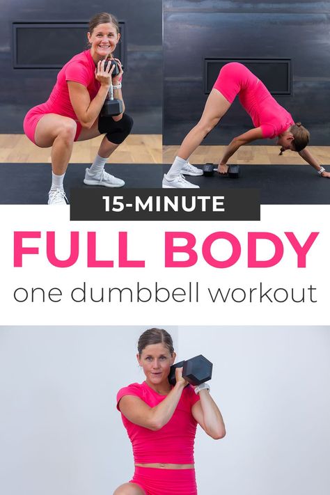 Whether you have limited time, energy or motivation - a 15-Minute Workout is the perfect way to stay on track with your fitness goals without wasting hours in the gym. This effective full body workout hits the upper body, lower body and core, all using just one dumbbell. 1 Exercise For Full Body Workout, 10 Minute Workout With Weights, 30 Minute Weight Lifting Workout, Quick Full Body Workout At Home, 20min Workout, Nml Workouts, 15 Minute Dumbbell Workout, 15 Minute Full Body Workout At Home, Dumbell Full Body Hiit Workout