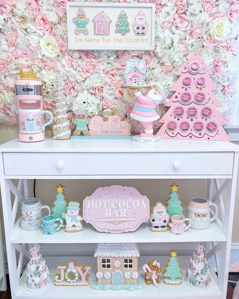 My Pinkmas coffee bar💖💜🩵 The @athomestores Mrs. Claus bakery collection inspired my whole theme this year! I loved everything in that… | Instagram Mrs Claus Kitchen Decorations, Candy Christmas Theme, Mrs Claus Bakery Decor, Bakery Christmas Decor, Candy Themed Christmas Decor, Mrs Claus Bakery, Bakery Theme, Pretty Trinkets, Pastel Christmas Decor