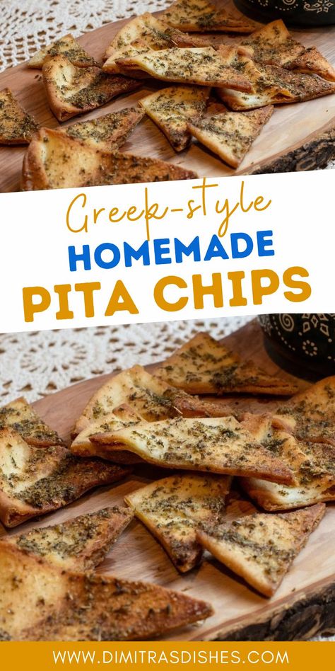 How to make homemade Greek-style Pita Chips - Pita chips are quick and easy snacks or appetizers for the whole family. Learn how to make delicious Greek-flavored pita chips here. #pitabread #pitachips #greekrecipes #dimitrasdishes #appetizers #flatbread #breadrecipes Pita Chips Recipe, Greek Pita Bread, Dimitras Dishes, Baked Pita Chips, Homemade Pita Chips, Chip Recipe, Greek Pita, Greek Recipes Authentic, Homemade Pita