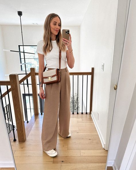 Tan Trousers Outfit, Wide Leg Pants Outfit Casual, Trouser Pants Outfits, Wide Leg Trousers Outfit, White Converse Outfits, Tan Outfit, Dress Pants Outfits, T Shirt Branca, Wide Leg Pants Outfit