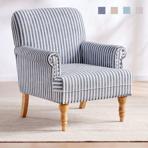 Striped Armchair, Rolled Arm Chair, Mid Century Modern Armchair, Reading Club, Striped Upholstery, Fabric Accent Chair, Mid Century Modern Living, Grey Armchair, Single Sofa Chair