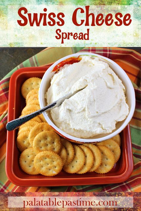 Swiss Cheese Spread – Palatable Pastime Palatable Pastime Swiss Cheese Cheeseball, Swiss Almond Cheese Spread, Swiss Cheese Appetizers, Swiss Cheese Ball Recipe, Cheese Spread Recipes For Crackers, Cracker Spread Recipe, Cracker Spreads, Swiss Cheese Dip, Beef Soup Slow Cooker