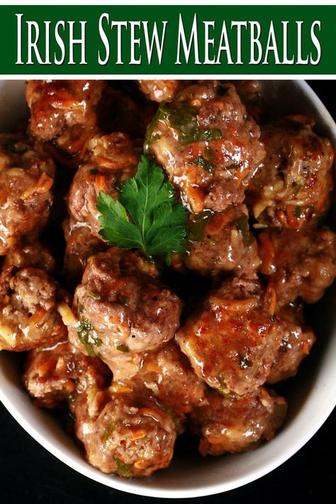 A serving bowl of Irish Stew Meatballs, in a beef gravy. Irish Meatballs St. Patrick's Day, Crockpot Irish Recipes, Irish Meatballs, Irish Dinner Recipes, Irish Meals, Irish Food Recipes, Easy Irish Recipes, Baked Brisket, St Patricks Food