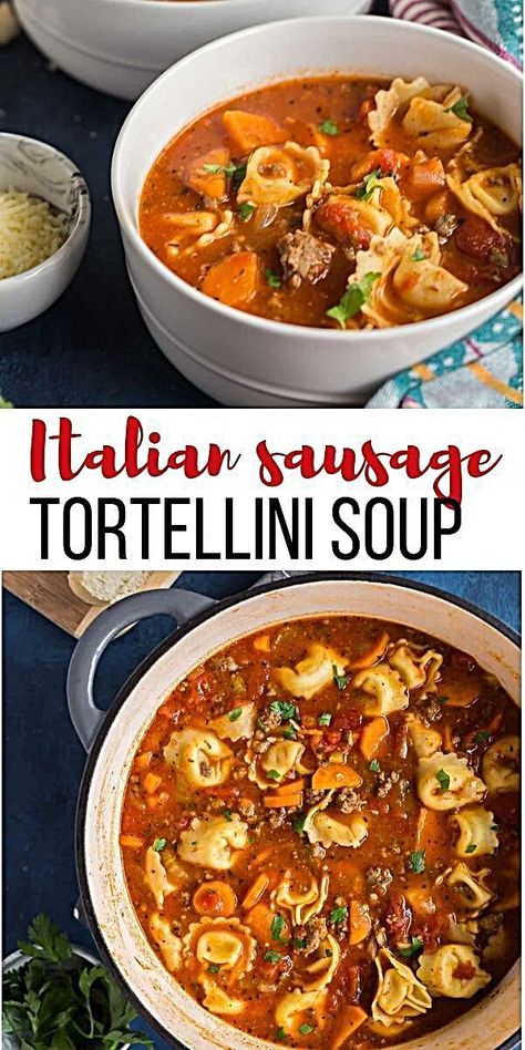 Crockpot Sausage Soup Recipes, Tomato Soup Based Recipes, Ital Soup, Ital Recipes, Loaded Sausage, Tortellini Sausage Soup, Sausage And Cheese Tortellini, Slow Cooker Tortellini Soup, Freezer Soups