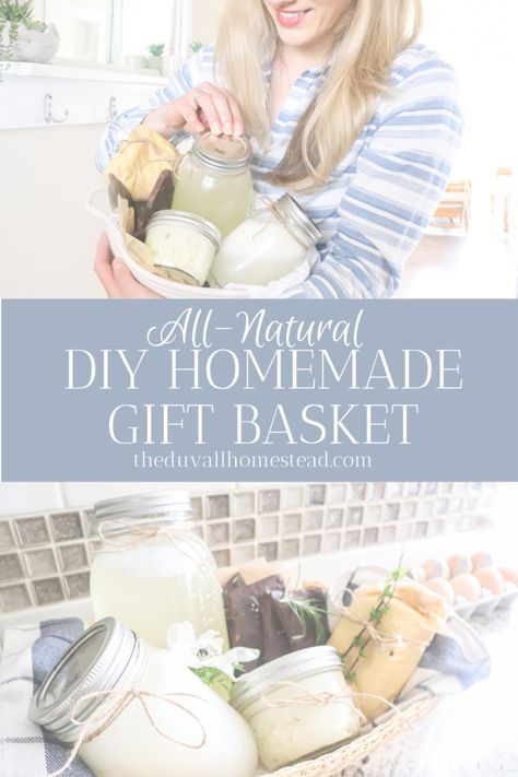 All-Natural Homemade Gift Basket - The Duvall Homestead Homemaker Gifts, Homestead Farmhouse, Diy Chocolate Gift, Homemade Dish Soap, Soap Gift Basket, Homemade Hand Soap, Homemade Gift Baskets, Homemade Mothers Day Gifts, Gifts For Mother's Day