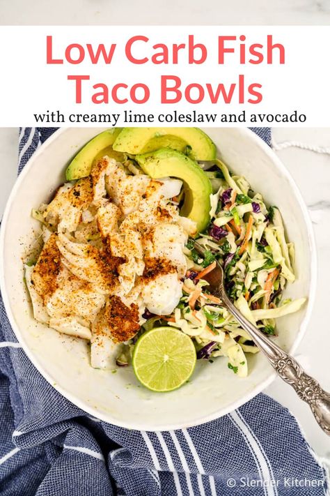 These delicious low carb fish taco bowls are packed with spicy fish, creamy lime coleslaw, and sliced avocado for a delicious fish taco without the tortilla. #dinner #kidfriendly #quickandeasy #fishtacobowl Fish Taco Bowl, Lime Coleslaw, Bowl Meals, Ww Meals, Sliced Avocado, Recipes Salads, Slender Kitchen, Fish Taco, Ww Freestyle