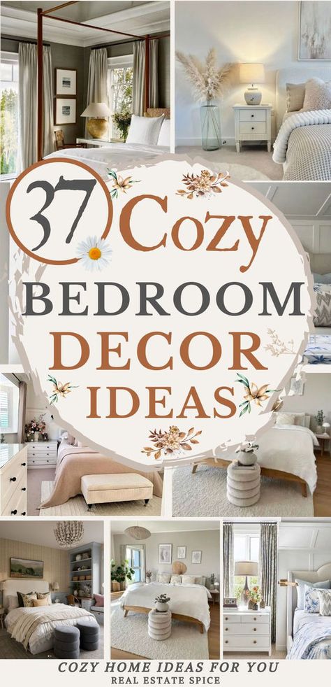 Be inspired and discover how to turn any room, big or small, into a comfy oasis. Whether you're into dark design styles or chic decor, my bedroom ideas show you how to use bedding, throws and nightstands to create a comfy space! You’ll also discover lighting ideas and the best area rugs to add warmth. Turn your bedroom into a cozy haven with relaxing chair options, making it a true oasis. Get tips and design styles and make your room warm and irresistibly comfy! RealEstateSpice.com #CozyBedroom Cozy Bedroom Area Rugs, Bedroom Ideas Chandelier, Pretty Bedding Cozy Bedroom, Welcoming Bedroom Ideas, Winter Room Ideas Bedrooms, Calm Bedroom Decor Ideas, Cozy Guest Room Decor, Cozy Guest Bedroom Ideas Relaxing, Elegant Cozy Bedroom