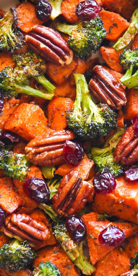 Roasted Sweet Potatoes, Broccoli, Pecans, and Cranberries - close-up photo. Vegetarian Roasted Vegetables, Broccoli And Sweet Potatoes, Sheet Pan Sweet Potatoes And Broccoli, Oven Roasted Sweet Potatoes And Broccoli, Sweet Potato Broccoli Salad, Sweet Potato And Carrots Recipes, Broccoli Sweet Potato Sheet Pan, Sweet Potato And Broccoli Recipes, Roasted Broccoli And Sweet Potatoes