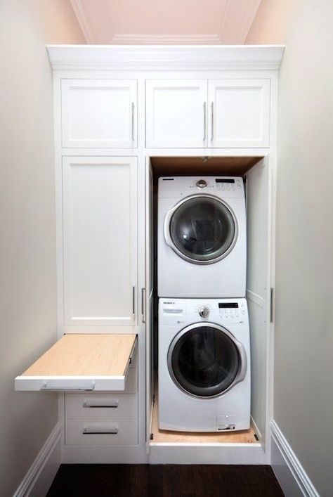 Compact Laundry Room, Small Laundry Space, Perfect Laundry Room, Stacked Laundry Room, Laundry Room Storage Shelves, Hidden Laundry, Small Laundry Room Organization, Room Storage Diy, Basement Laundry Room