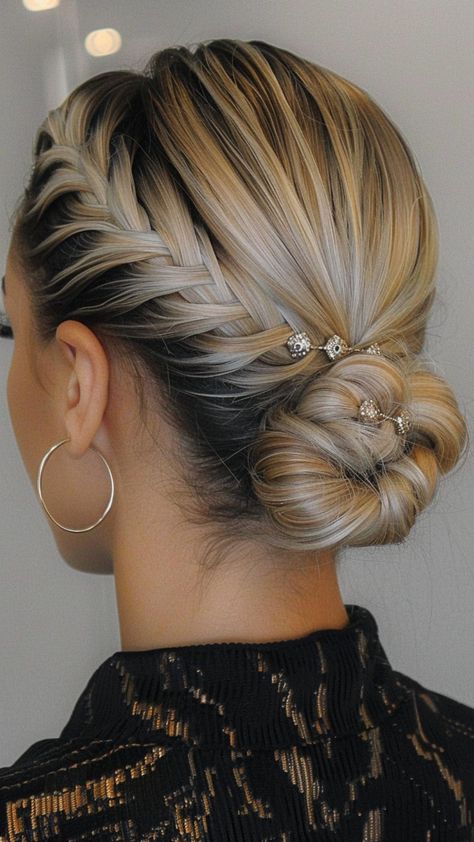 22 Sophisticated Weave Updo Hairstyles for Every Event Updo Plait Hairstyles, Low Bun Hairstyles Wedding Bridesmaid Braided Updo, Braid And Low Bun, Braided Side Bun Hairstyles, Braid Updo With Bangs, Braided Bun For Wedding, Pinned Updo Hairstyles, Bun Hairstyle With Braid, Hair Styles Prom Updo