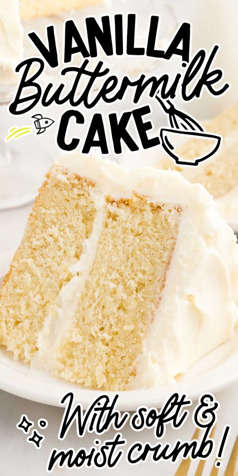 This vanilla buttermilk cake is an indulgent and delicious treat that combines classic flavors with simple baking techniques for a moist, tender cake perfect for any celebration. Buttermilk White Cake Recipe, The Best Vanilla Cake Recipe, Vanilla Cake Recipe Moist, The Best Vanilla Cake, Vanilla Cake From Scratch, Best Vanilla Cake, Homemade White Cakes, Cake Batter Recipes, Best Vanilla Cake Recipe