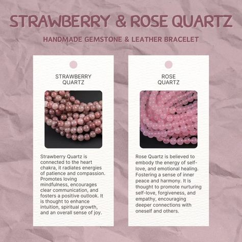 Info card for this signature ❣LOVE❣ bracelet ❤️‍🔥❤️‍🔥❤️‍🔥 . Strawberry Quartz is connected to the heart chakra, it radiates energies of patience and compassion. Promotes loving mindfulness, encourages clear communication, and fosters a positive outlook. It is thought to enhance intuition, spiritual growth, and an overall sense of joy. . Rose Quartz is believed to embody the energy of self-love, and emotional healing. Fostering a sense of inner peace and harmony. It is thought to promote nur... Strawberry Quartz Crystal Meaning, The Heart Chakra, Clear Communication, Peace And Harmony, Crystal Meanings, Positive Outlook, Strawberry Quartz, Emotional Healing, The Energy