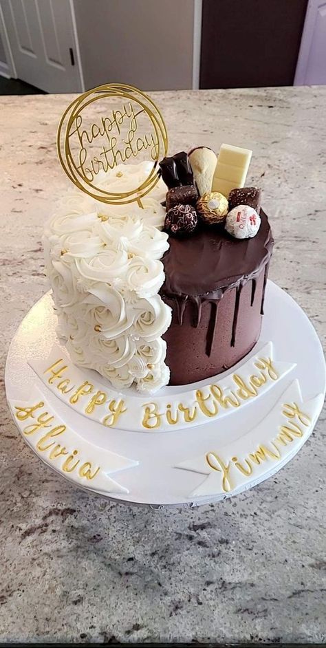 Two In One Cake Design, One Cake For Two People Birthday, Simple Drip Cake Ideas, Parents Birthday Cake, Pretty Birthday Cakes Chocolate, Simple Chocolate Cake Design, Wedding Cakes Summer, Drip Cake Birthday, Cakes Beautiful