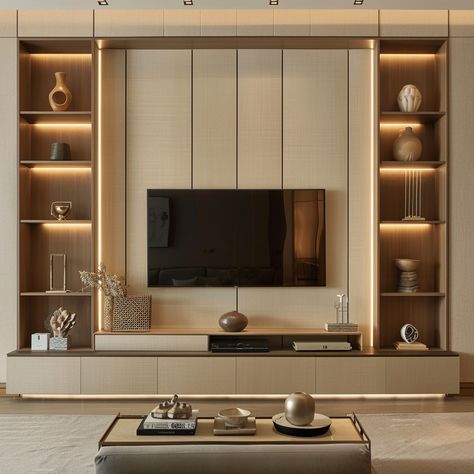 Tv Unit Design Storage, Heavy Ceiling Designs, Separate Tv Unit, Lights For Tv Unit, Tv Unit Wall Panelling Design, Tv Wall Floating Shelves, New Tv Unit Design, Tv Unit Living Room Modern, Unique Tv Unit Design Modern Living