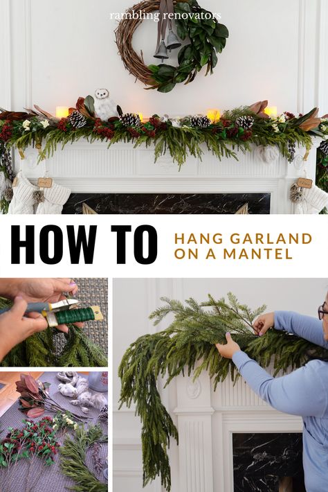 how to hang garland on mantle, how to hang garland on mantel, hang christmas garland, garland on fireplace mantel Hang Garland On Mantle, Garland On Fireplace, Garland On Mantle, How To Hang Garland On Mantel, Christmas Fireplace Garland, Christmas Mantel Garland, Christmas Garland Mantle, Christmas Fireplace Mantels, Mantel Garland