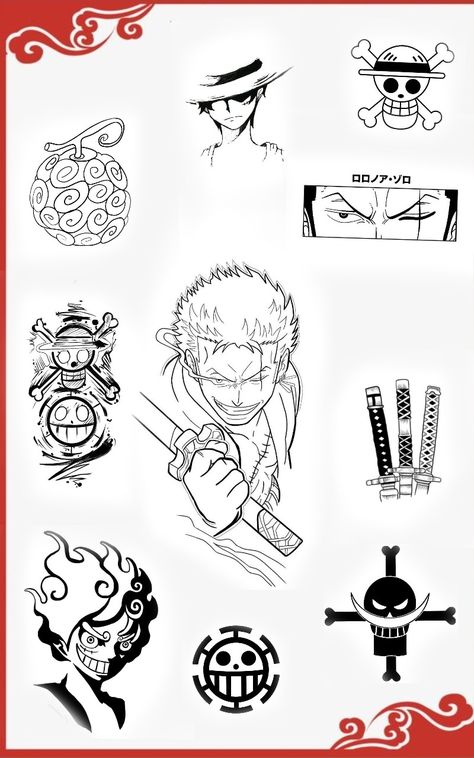 Minimal Anime Tattoo Ideas, Anime Patch Work Tattoos, Small One Piece Tattoo Ideas, Anime Patchwork Tattoo Sleeve, Tato One Piece, One Piece Tattoo Stencil, Anime Tattoo Outline, Easy Anime Tattoos, Simple Anime Tattoo Ideas