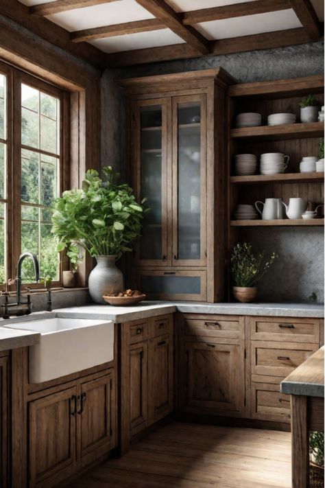 Farmhouse kitchen with white cabinets, wooden countertops, and shiplap walls Mountain Kitchen Design Ideas, Interior Rustic Design Ideas, Rustic Charm Kitchen, Rustic Farmhouse Cabinets, Rustic Shaker Cabinets Kitchen, Rustic Moody Kitchen, Rustic Modern Kitchen Cabinets, Modern English Tudor Interior Design, Warm Wood Cabinets Kitchen