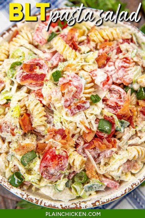 BLT Pasta Salad Recipe - all the flavors of a classic BLT sandwich in pasta salad form. Tender pasta, crispy bacon, tomatoes, and lettuce tossed in a creamy ranch dressing. It Blt Pasta Salad Recipe, Picnic Dishes, Classic Blt Sandwich, Blt Pasta Salad, Blt Pasta, Blt Salad, Blt Pasta Salads, Creamy Ranch Dressing, Best Macaroni Salad