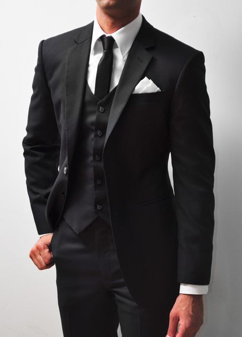 3 piece tux Tailored Wedding Suit, Groom Attire Black, Wedding Suits Men Black, Groom Suit Black, Wedding Tux, Groom Wedding Attire, Black Suit Men, Black Suit Wedding, Wedding Suits Groom