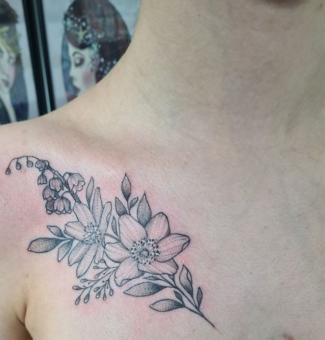 Windflower and lily of the valley collarbone tattoo Lily Of The Valley Collarbone Tattoo, Collarbone Flower Tattoo, Collar Bone Tattoos, Violet Tattoo, Clavicle Tattoo, Flower Bouquet Tattoo, Collarbone Tattoo, Bone Tattoo, Tattoo Shoulder