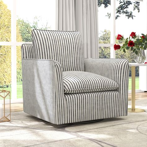 Ivy Bronx Kandyn 29.7" W Modern Soft Stripe Upholstered Swivel Barrel Chair with Removable Cushion | Wayfair Swivel Barrel Chair, Coastal Interiors, Barrel Chair, Toss Pillows, Game Room Furniture, Room Chairs, Mudroom Furniture, 6 D, Cozy Living