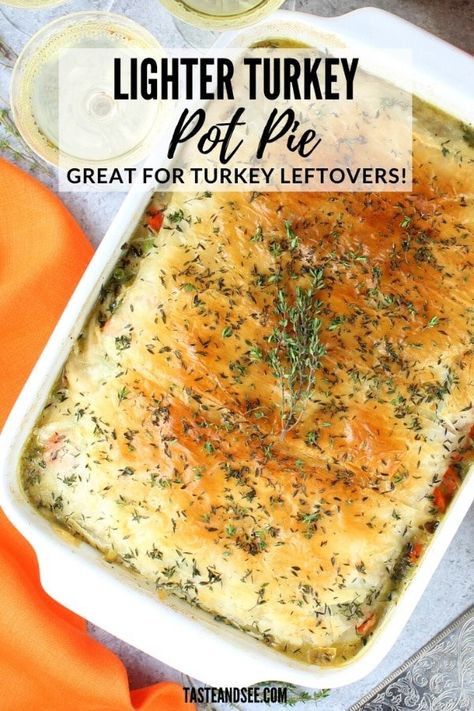 This Lighter, Easy Turkey Pot Pie is comfort food at its best! #TurkeyRecipes #ThanksgivingLeftovers #PuffPastry #PhylloDough #HealthierPotPie #TasteAndSee | A few small tweaks make this classic not only healthy but super delicious. With peas, carrots, onion, turkey stock, herbs, white wine, a little lemon juice, almond milk, a few sheets of phyllo dough, plus, some delicious leftover turkey from your holiday feast. Turkey Pot Pie Casserole, Turkey Pot Pie Easy, Pot Pie Recipe Easy, Turkey Pot Pie Recipe, Turkey Pot, Turkey Pot Pie, Turkey Stock, Leftover Turkey Recipes, Healthy Turkey