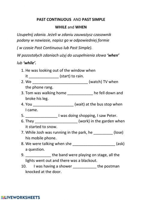 While And When Worksheet, When While Worksheet, Past Continuous Notatki, Past Simple Past Continuous Worksheets, Seasons Chart, Advance English, Past Continuous, Past Simple, Short Quiz