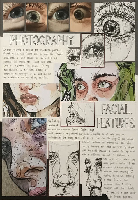 Facial Features Sketchbook Page, A Level Art Inspiration, Visual Art Diary Aesthetic, Gcse Art Book Layout Ideas, Gcse Art Photography, Dominic Beyeler Artist Research, College Portfolio Ideas Art, Art Book Ideas Sketchbooks Inspiration, Art Portfolio Aesthetic