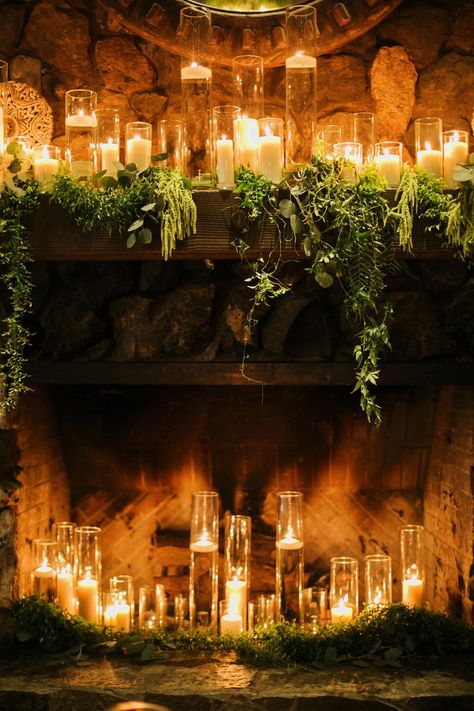 Wedding Flowers Fireplace, Wedding Fireplace Decor, Wedding Fireplace Decorations, Fireplace Flowers, Wedding Mantle, Wolf Wedding, Mantle Candles, Wedding Fireplace, Candles In Fireplace