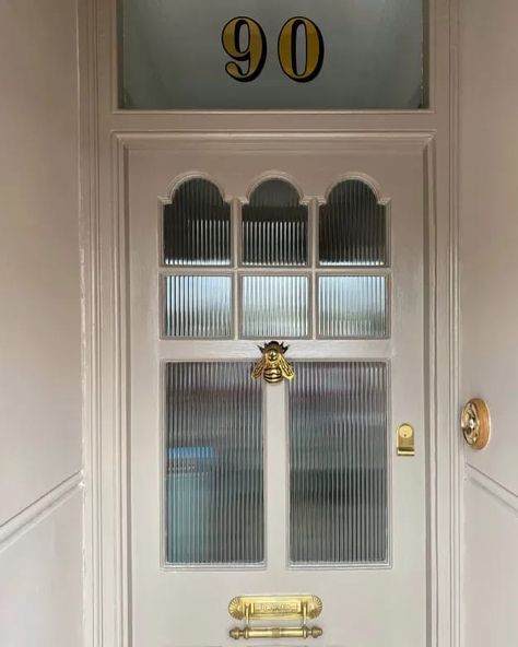 Front Door makeover - farrow ball charleston grey, reeded glass reclaimed period door, brass circus art nouveau numbers Front Door Ideas Victorian, Front Door Brass, Front Door Colours Victorian Terrace, Victorian Glass Doors Interior, Ribbed Glass Front Door, Glass For Front Doors, 1900s Front Door, Terrace Front Door, Reeded Front Door