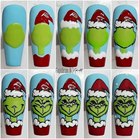 O Grinch, Xmas Nail Designs, Nail Art Noel, Christmas Nail Art Easy, Santa Nails, Xmas Nail Art, Nail Drawing, Nail Designs Tutorial, Diy Acrylic Nails