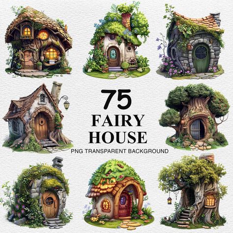 Fairy House Fantasy Art, Fairy Garden Illustration, Fairy House Doors, Fantasy Fairy House, Tiny Fairy House, House Watercolor, Fairy Tree Houses, Tiny Fairy, Journaling Scrapbook