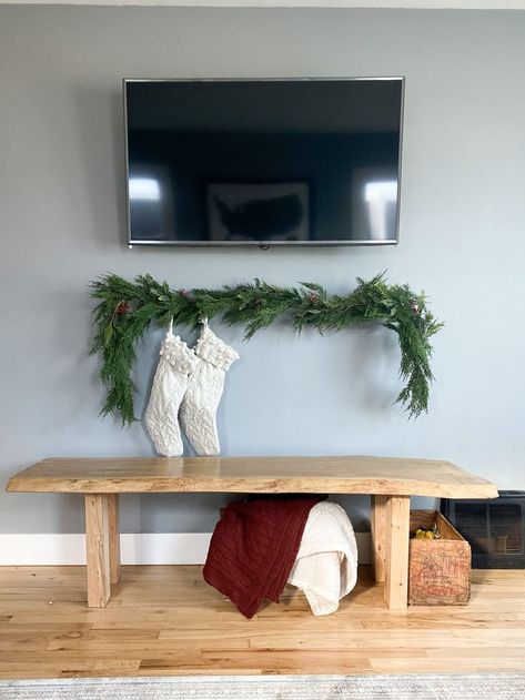 christmas garland, no mantle garland, faux mantle, hanging stockings without a mantle, hanging stockings Stockings Without A Mantle, Mantle Christmas Garland, Diy Christmas Mantle, Faux Mantle, Diy Mantle, Mantle Christmas, Hanging Christmas Stockings, Mantle Garland, Decorated Stockings