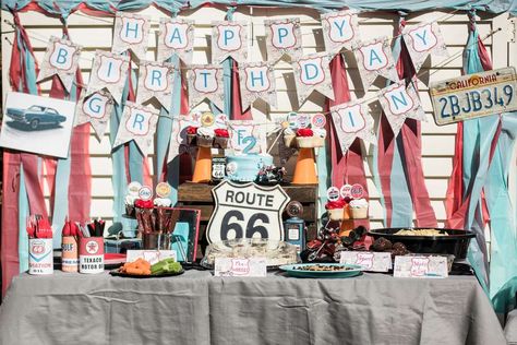 Mav's Route 66 Second Birthday | CatchMyParty.com License Birthday Party, Route 66 Birthday Party Ideas, Vehicles Birthday Party, Route 66 Party, Route 66 Decor, Disney Cars Birthday Party Ideas, Route 66 Theme, Happy 66th Birthday, Road Trip Theme