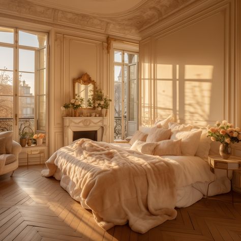 Creamy Cozy Bedroom, French Apartment Bedroom Aesthetic, French Style Interior Design Bedroom, Classic Aesthetic Bedroom, Parisian Master Suite, Cute House Interior Bedrooms, Romantic Traditional Bedroom, Minimalist French Bedroom, French House Bedroom