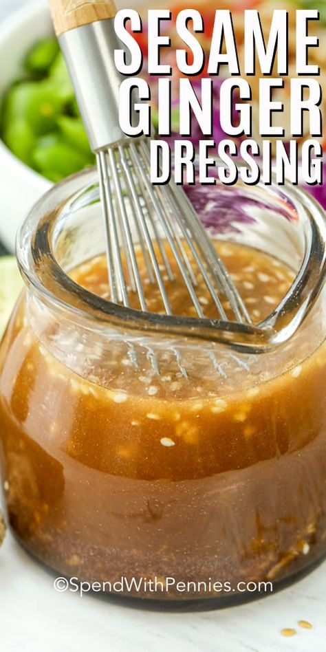 Learn how to make this easy homemade sesame ginger dressing. Created out of ingredients like sriracha, honey and rice wine vinegar, this flavorful concoction will give your salads an Asian flair. #spendwithpennies #sesamegingerdressing #saladdressing #asianinspired #asiandressing #homemadedressing Sesame Ginger Dressing, Easy Salad Dressing, Salad Dressing Recipes Homemade, Sesame Ginger, Ginger Dressing, Asian Salad, Homemade Salads, Homemade Salad Dressing, Rice Wine Vinegar