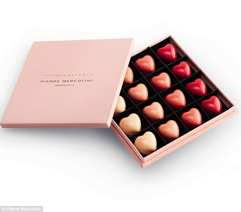 Coming in four different shades 'of emotion' from pale cream to deep red, the chocolate hearts contain four different fillings including Chocolate Box Packaging, Pierre Marcolini, Chocolate Packaging Design, Chocolate Fan, Bakery Packaging, Luxury Chocolate, Chocolate Art, Chocolate Design, Valentine Chocolate