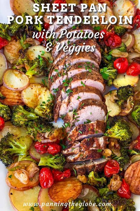 Here's a recipe for a whole dinner you can make on a sheet pan with 30 minutes of prep. Tender juicy spice-crusted pork tenderloin with roasted baby potatoes, broccoli and cherry tomatoes. This is a great recipe for for the weeknight dinner rotation. Pork Tenderloin Recipe Easy Sheet Pan Dinner, Roasted Tenderloin Pork, One Pan Pork Loin Dinner, Roast Pork Tenderloin With Vegetables, Sheet Pan Pork Tenderloin And Potatoes, Healthy Dinner Recipes Pork Tenderloin, Roasted Pork Tenderloin With Potatoes, Pork Tenderloin With Tomatoes, One Pan Pork Tenderloin And Potatoes